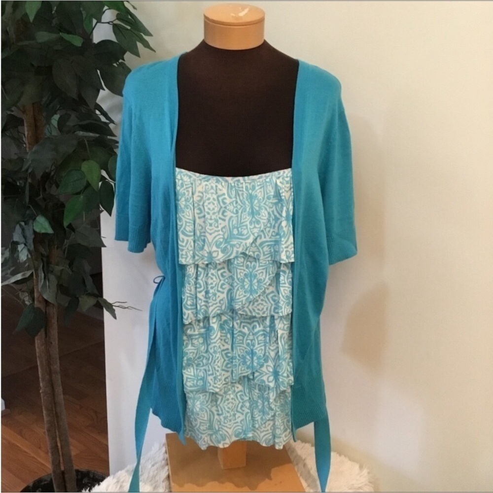 Covington belted short sleeve cardigan Womans size XL blue & white